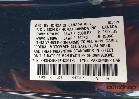 2019 Honda Civic Sport from USA, damaged, VIN 2HGFC4B81KH305180